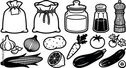 Line art top view vegetable and pantry icon set potatoes carrots garlic corn tomato jars pepper mill simple close up