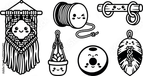 Line art cute macrame craft icons hanging plant spool knot feather bead smiling faces close up vector illustration minimal black