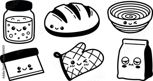 Minimalist kawaii line art baking icons smiling jar loaf bowl dough scraper oven mitt and flour bag close up front