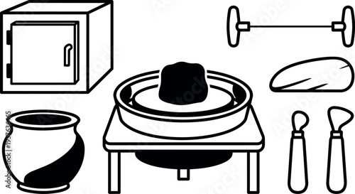 Line art close up pottery wheel with lump of clay and pot kiln tools on studio table handmade spatula bat