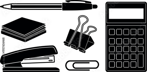 Flat design black office supplies icons close up calculator stapler pen binder clips paper clips sticky notes simple vector set