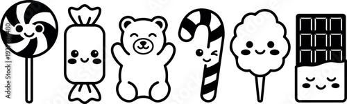 Kawaii line art flat design row smiling candy icons lollipop wrapped candy teddy bear candy cane cotton candy chocolate bar