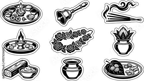 Collection of traditional Hindu puja ritual items isolated vector illustration