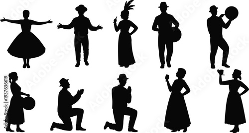 Vintage performance silhouette set with opera singers, folk dancers, and musicians, black vector icons for theater, arts, and cultural event designs.