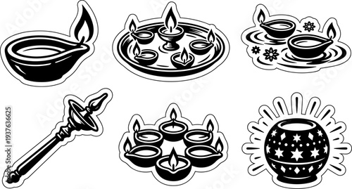 Diwali diya oil lamp collection and traditional Indian ritual icons vector illustration