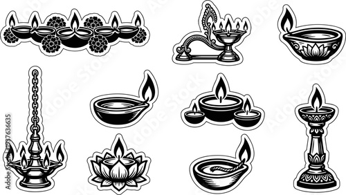 Diwali diya oil lamp sticker set with Indian floral designs black and white vector
