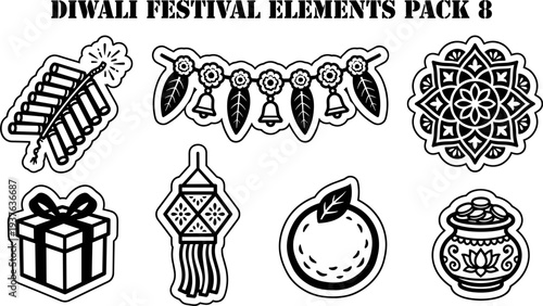 Diwali festival celebration sticker icons set with firecrackers and mandala vector illustration