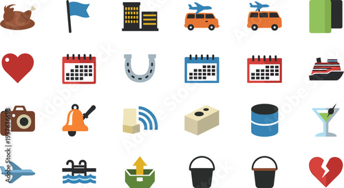Daily Life and Miscellaneous Icon Set with Calendar Camera Airplane Bucket Heart and Travel Activity Vector Illustration.