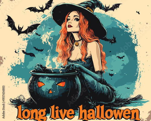 Gorgeous Witch Girl Surrounded by Jack-o’-Lanterns