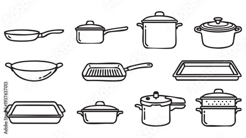 Various kitchen pots pans and baking dishes vector icon set, cookware and bakeware
