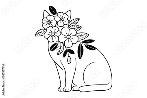 A cat with a bouquet of flowers covering its face