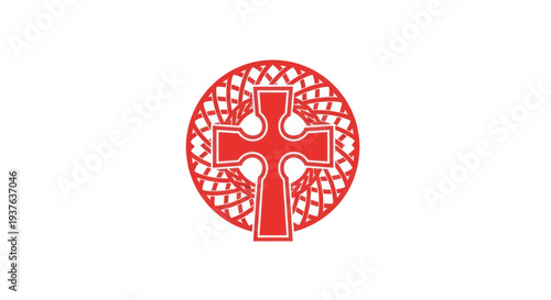 Red Celtic Cross Symbol in Circle on White Background