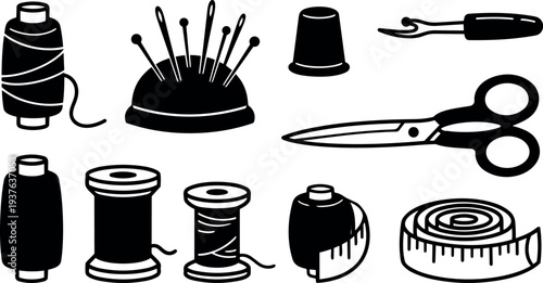 Flat design sewing tools set close up top view scissors spool pin cushion thimble seam ripper tape measure black icons