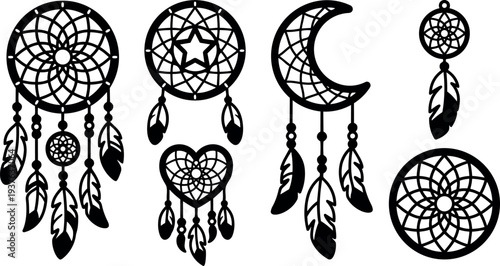 Flat design black dreamcatcher collection with moon heart star and dangling feathers five silhouette ornaments close up