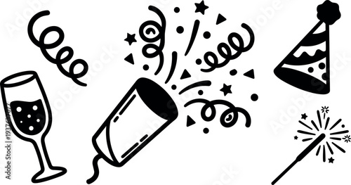 Flat design party icon set with confetti popper champagne glass sparkler and party hat in simple black line style