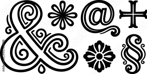 Ornamental vintage vector glyph set with bold ampersand and floral rosette close up decorative swirl ligature isolated on white background