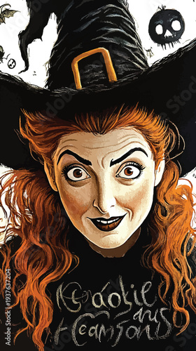 Whimsical Witch with Pumpkins and Flying Bats