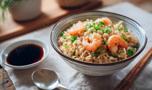 shrimp fried rice bowl on a bright kitchen table, small dipping dish filled with oyster sauce beside the bowl