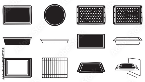 Set of black silhouette baking tray and oven pan icon logo isolated on white background. for food cooking kitchen design concept. vector illustration.