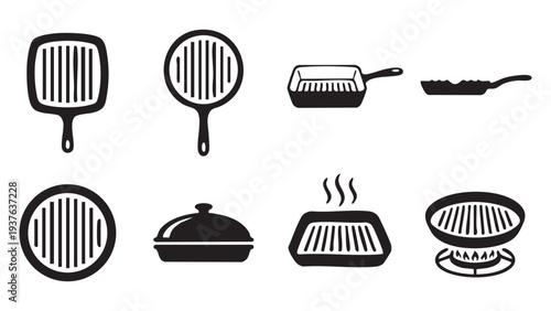 Set of black silhouette grill pan and cast iron skillet icon logo isolated on white background. for food cooking kitchen design concept. vector illustration.