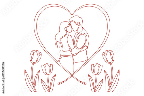 Romantic heart shaped illustration of loving couple with tulips