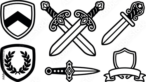 Line art crossed swords and medieval shield icons set black and white vector badges and emblems front view minimal flat