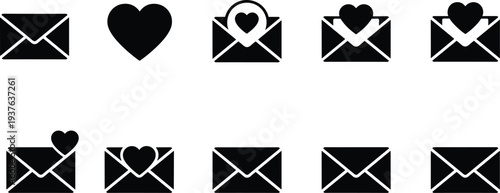 Black and white of envelopes with hearts symbol love mail