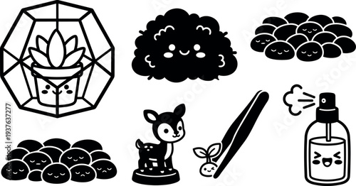 Kawaii vector icon set succulent terrarium close up smiling moss and pebble clusters deer figurine with tweezers and spray bottle