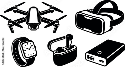 Flat design minimalist black silhouette top view drone vr headset smartwatch earbuds and power bank vector icons white background clean
