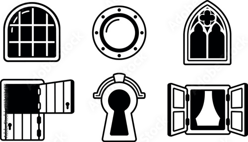 Flat design set of six window and keyhole icons including arched porthole gothic shuttered casement and open window line art