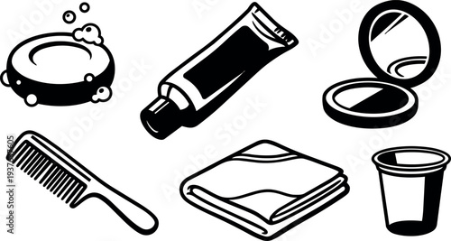 Line art toiletry icons set close up soap tube compact mirror comb towel cup black and white vector illustration collection