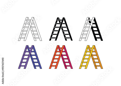 Colorful step ladder icon set for construction, home maintenance, and business growth concepts in flat vector style