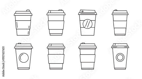 Collection of line art disposable coffee cups with lids and sleeves on white background