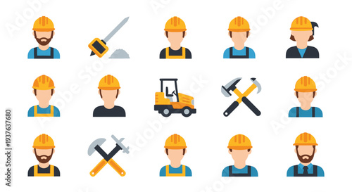 construction worker icons set with tools.