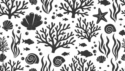 Black and white underwater scene with sea creatures and coral fish starfish