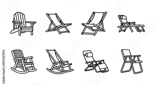Collection of Outdoor Chairs and Loungers Line Art Illustrations