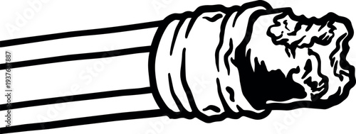 Line art close up worn pencil eraser in motion with metal ferrule and graphite smudge on white background high contrast