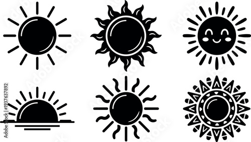 Flat design set of six black sun glyphs including smiling face sunrise sunset decorative mandala and stylized rays badge minimalist