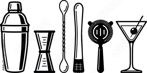Minimalist line art bar tools set with cocktail shaker jigger twisted spoon muddler hawthorne strainer and martini glass isolated