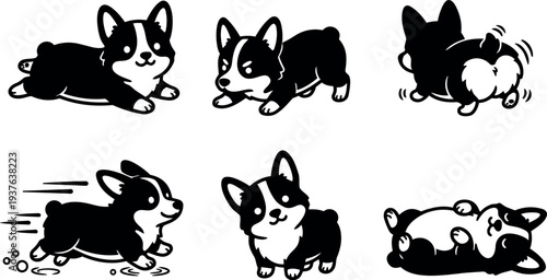 Flat vector corgi puppy running and wagging tail with smiling face close up in playful low angle six pose collection