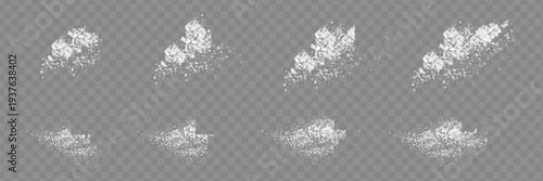 Sugar or salt powder piles set isolated on transparent background. Vector realistic illustration of white dry substance scattered on surface, ground food seasoning,