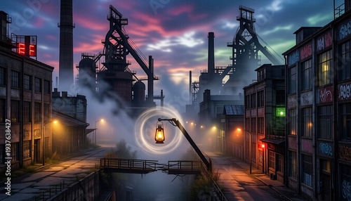 Colorful sky over old factory with smoke and street lamp in the foreground
