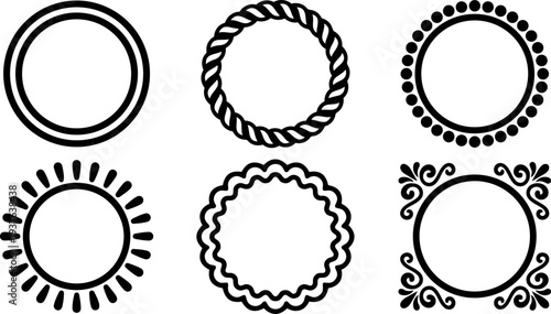 Minimalist vector circle frame set six decorative wreath borders close up isolated black line art for design branding print web