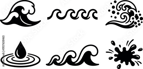 Flat design wave and water icons set six black ocean splash and droplet symbols in simple vector minimalist line art isolated