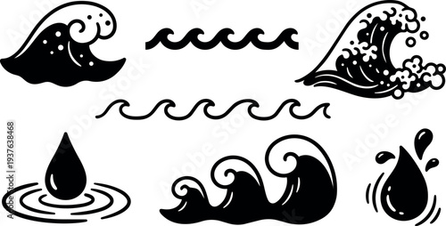 Flat design wave and droplet icon set black line art coastal wave crest splash ripple seamless vector illustrations minimal symbols