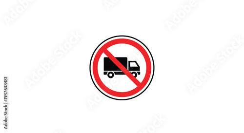 A red circular traffic sign, featuring a black truck silhouette crossed out by a diagonal red line, is centrally displayed on a white background.