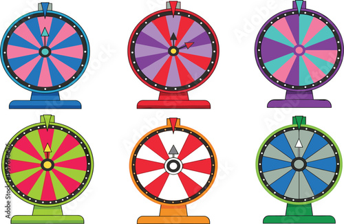 Lucky Spin Prize Wheel Set for Carnival Game Show Contest Raffle Draw Casino Promotion and Random Selection Vector Illustration.