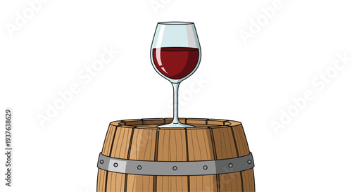 A transparent wine glass filled with red wine is carefully placed on top of a single wooden barrel with metal bands on a white surface.