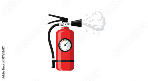 A bright red fire extinguisher with a pressure gauge and black hose is actively spraying white extinguishing agent from its nozzle on a white background.