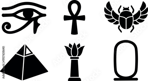 Flat design set of ancient egypt symbols eye of ra ankh scarab pyramid lotus cartouche in black silhouette vector icons